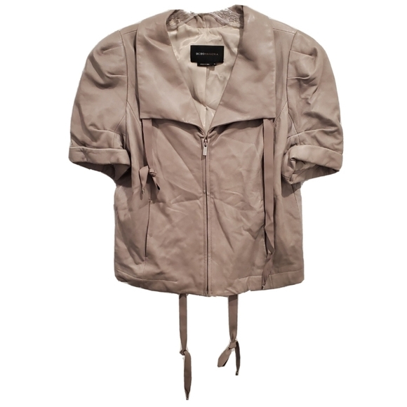 BCBGMaxAzria Leather Short Sleeve Taupe Jacket - Picture 2 of 7